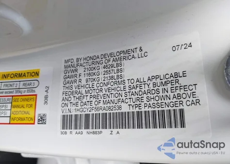 2024 Honda Accord Hybrid Sport из США, поврежденный, VIN 1HGCY2F56RA082538